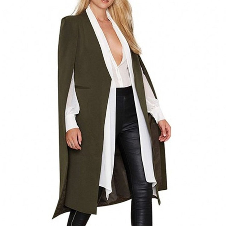 Women’s dark olive open-front cape coat with draped pointed hem