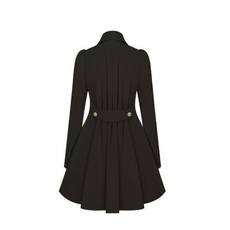 Black mid-length trench commuter jacket back view with pleated skirt and waist seam