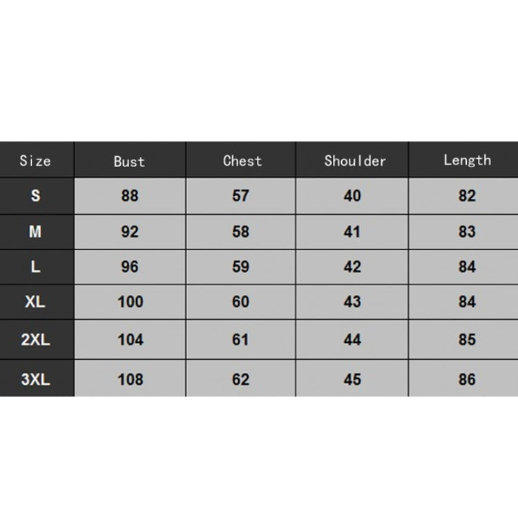 Size chart listing S to 3XL with bust, chest, shoulder, and length measurements