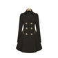 Black mid-length commuter trench jacket with double-breasted buttons and belted waist