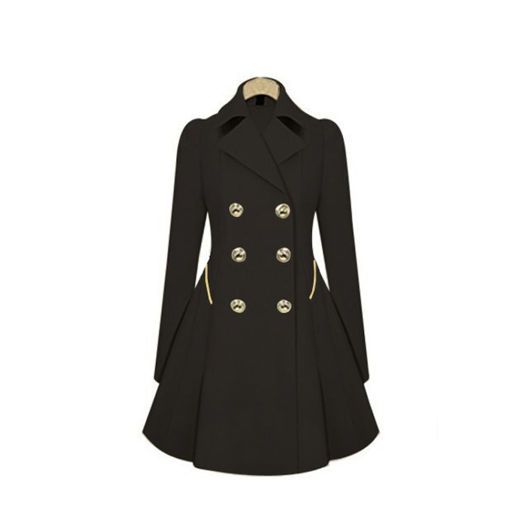 Black mid-length double-breasted trench coat with gold buttons and wide lapels
