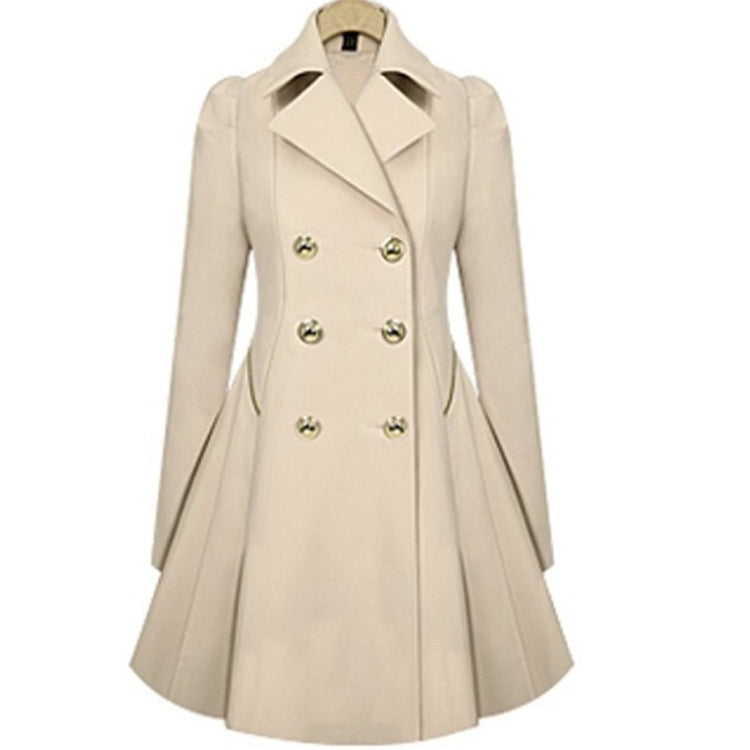 Beige mid-length double-breasted trench coat with gold buttons and wide lapels