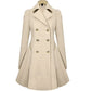 Beige slim mid-length trench coat with double-breasted gold button front and lapels