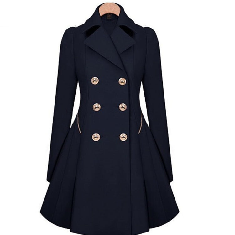 Navy-black mid-length double-breasted trench coat, notch lapel collar, gold button front