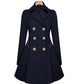 Black mid-length double-breasted commuter jacket with notch lapels and buttoned closure