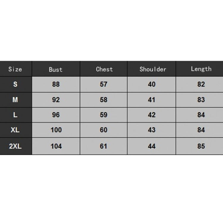 Size chart table with bust, chest, shoulder, and length for S–2XL