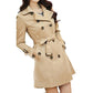 Tan mid-length trench windbreaker with buttoned lapels and tied waist