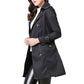 Black mid-length slim trench windbreaker with buttoned lapels and cuff straps