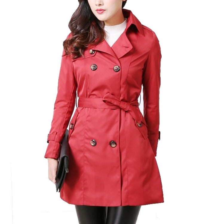 Red mid-length slim trench coat with flap pockets, double buttons, and tied belt