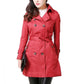 Red mid-length slim trench coat with button placket, flap pockets, and tied belt