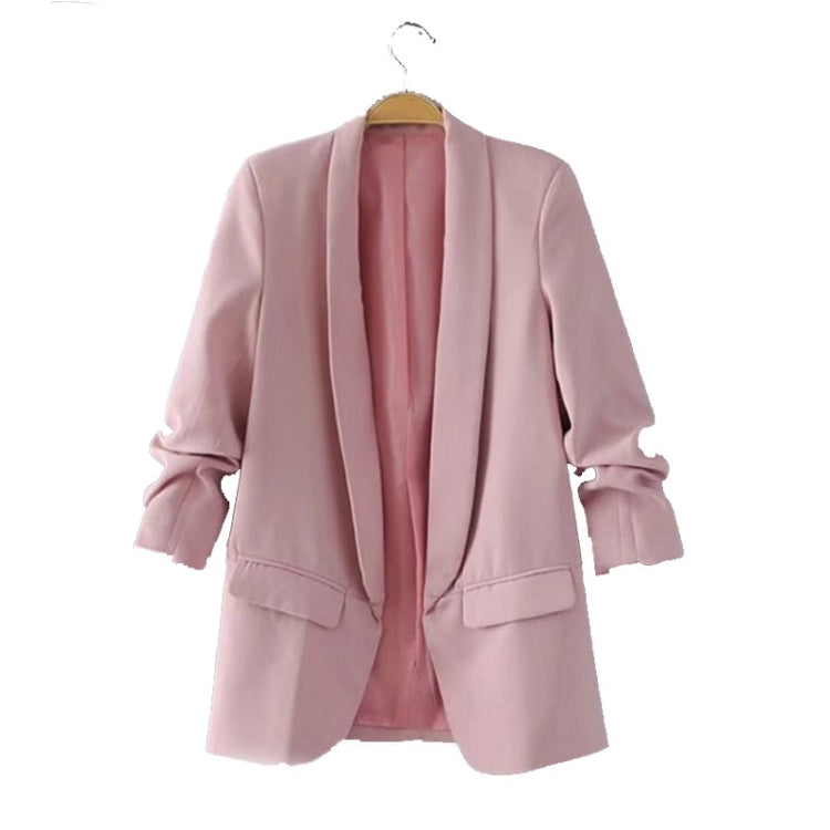 Women’s light pink blazer jacket on hanger, open front with flap pockets
