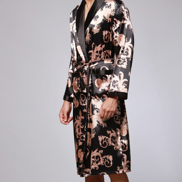Men's long silk pajama robe with black base, tan and cream patterned fabric, tie belt