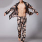 Men's long silk pajama set: black robe with tan and cream print, shown with matching pants