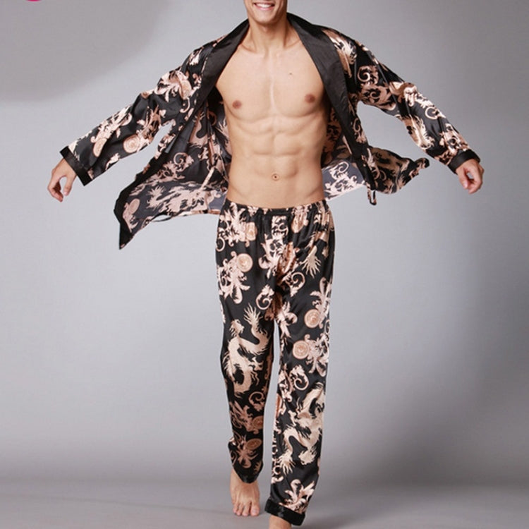Men's long silk pajama set: black robe with tan and cream print, shown with matching pants
