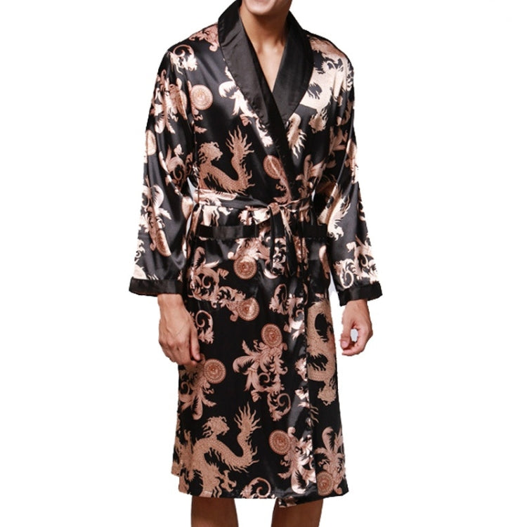 Men's long silk pajama robe in black with tan and cream decorative pattern, belted