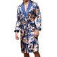 Men's long silk robe with navy and gold baroque print, self-belt and shawl collar