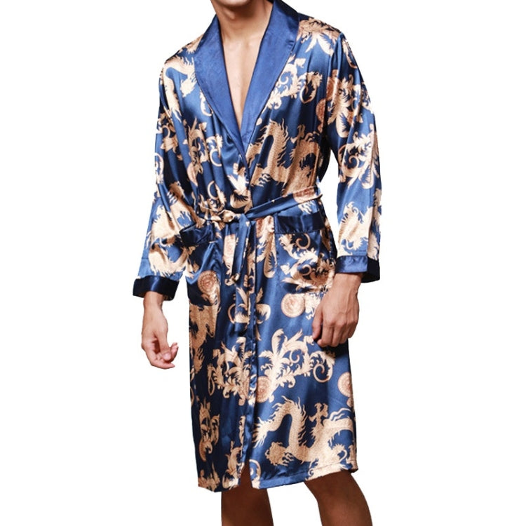 Men's long silk robe with navy and gold baroque print, self-belt and shawl collar