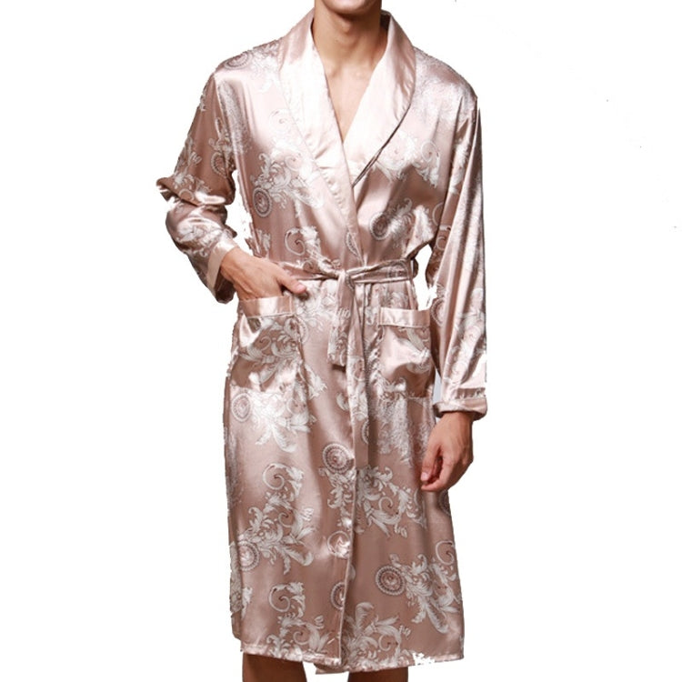 Men's long silk robe, champagne-pink paisley pattern, satin belt at waist