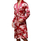 Men's long silk robe in deep red with white floral baroque print, tie belt and shawl collar