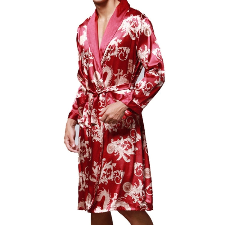 Men's long silk robe with red base and white scroll pattern, belted at waist