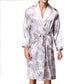 Men's long silk robe pajama with grey decorative print, long sleeves and tied waist