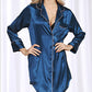 Navy satin pajama shirt nightgown with contrast trim, long sleeves, thigh slit