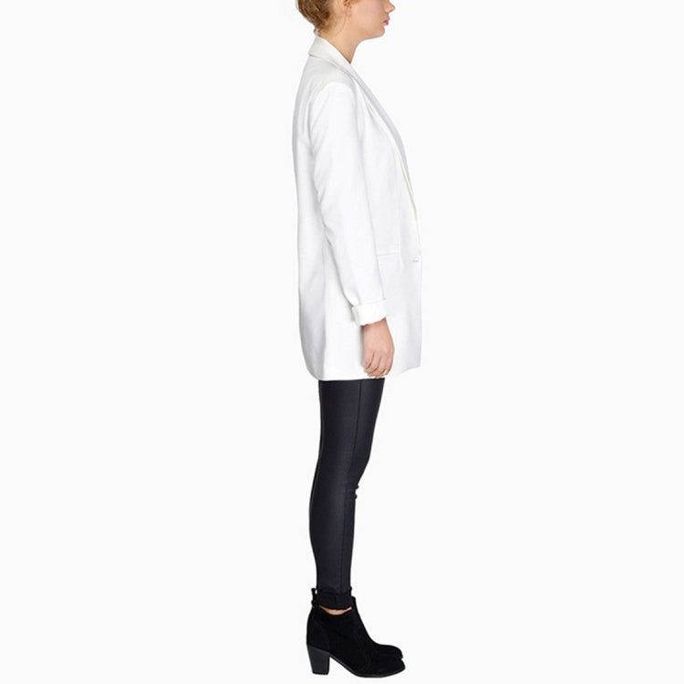 White long-sleeve blazer, side profile view, with cuffed sleeves and long hem.
