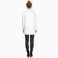 White long-sleeve blazer back view with full-length sleeves and straight long hem.