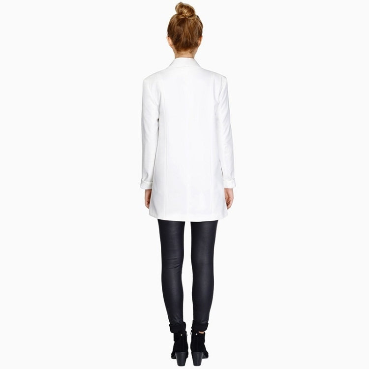 White long-sleeve blazer back view with full-length sleeves and straight long hem.