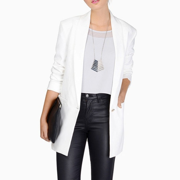 White long-sleeve blazer front view with notch lapels and hip-length hem over black pants.