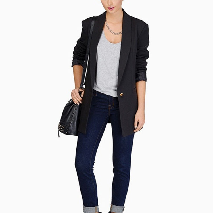 Black long-sleeve blazer with open front and cuffed sleeves, worn over blue jeans.