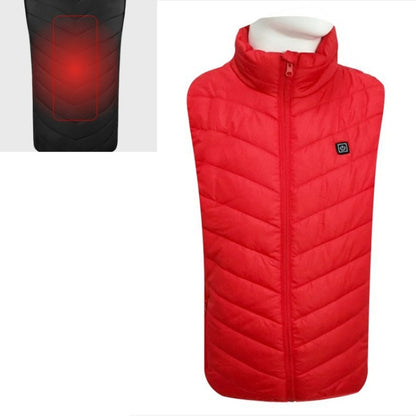 Red sleeveless stand-collar puffer vest with full front zipper and chest logo patch