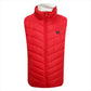 Red sleeveless puffer vest with stand collar, front zipper, and chest logo patch