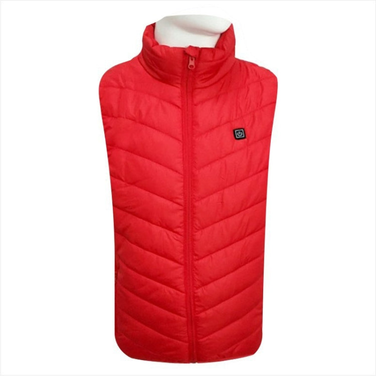 Red sleeveless puffer vest with stand collar, front zipper, and chest logo patch