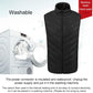 Black washable stand-collar heated puffer vest with front zipper and logo patch