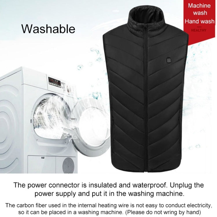 Black washable stand-collar heated puffer vest with front zipper and logo patch