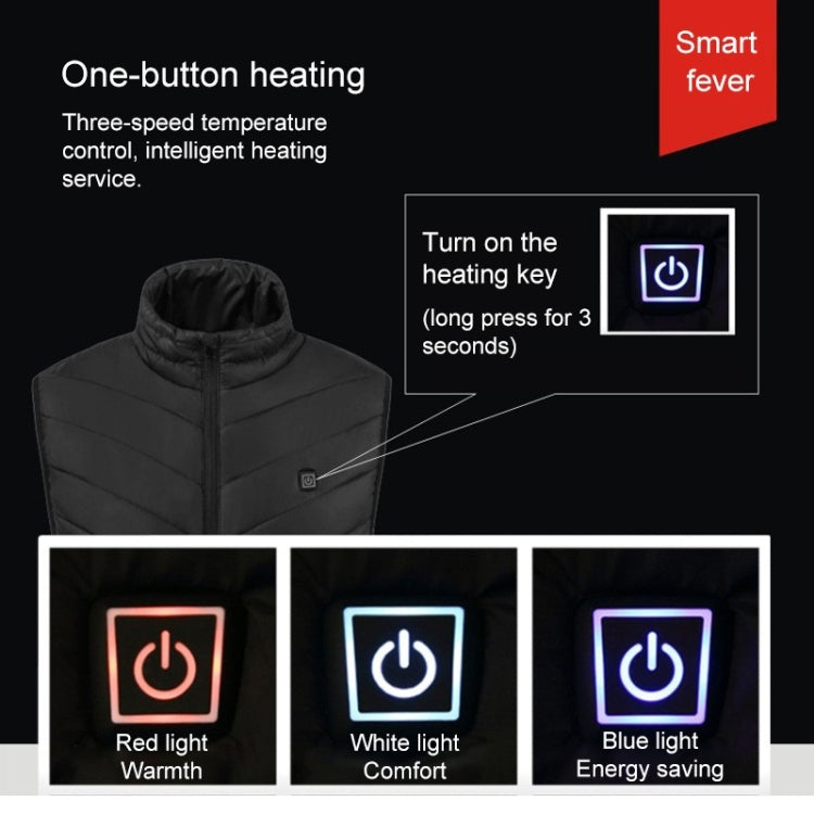 Black sleeveless heated vest with one-button heating control and indicator light icons