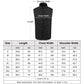 Black heated vest size chart diagram with length and chest width measurements