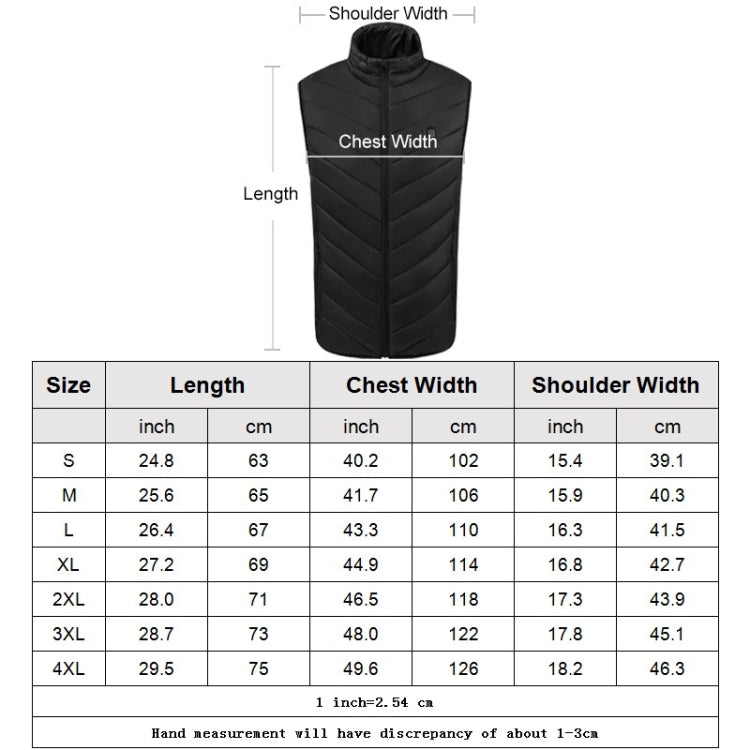 Black heated vest size chart diagram with length and chest width measurements