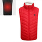 Red sleeveless puffer vest front view with stand collar, zipper, and logo patch