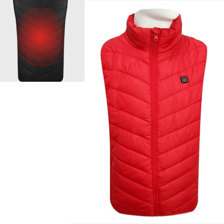 Red quilted sleeveless puffer vest featuring stand collar, front zipper, logo emblem