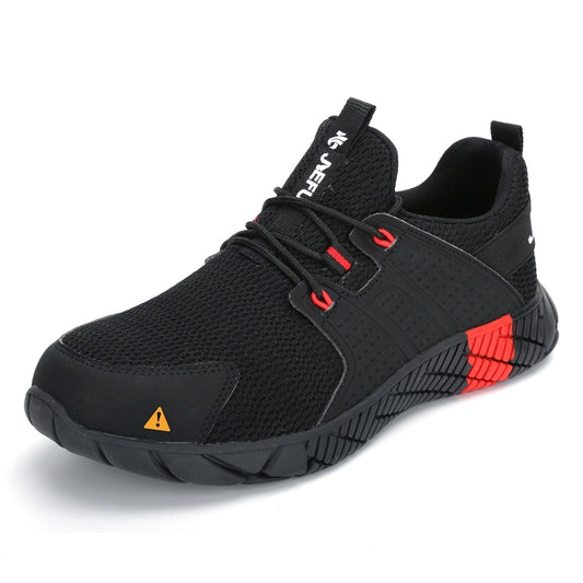 Black lace-up safety shoes with breathable mesh upper and red accent straps