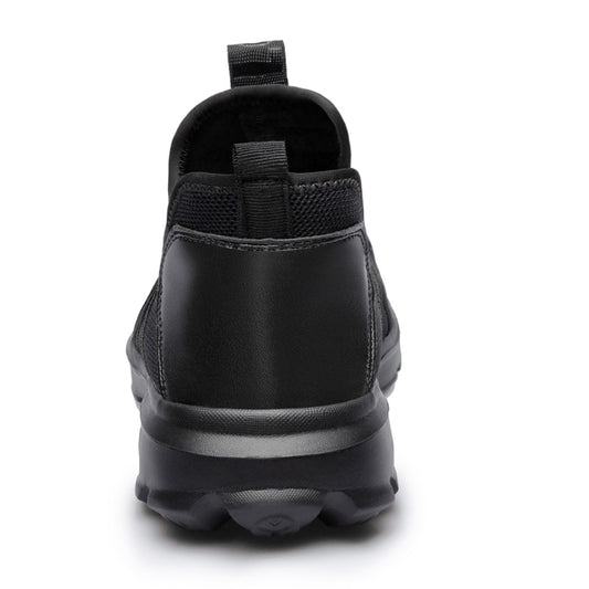 Black safety sneaker with rear pull tab, padded collar, and lace-up front