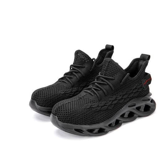 Black lace-up safety shoes with mesh upper and chunky ventilated sole