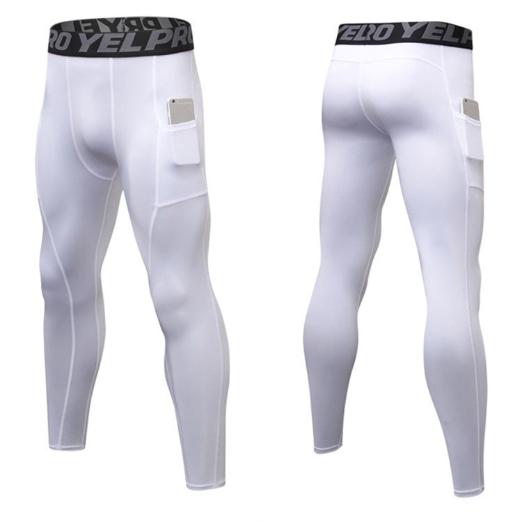 White running tights with phone pocket, contoured seams, stretch compression fit
