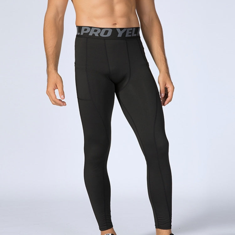 Black compression running tights with stretch fit and side phone pocket
