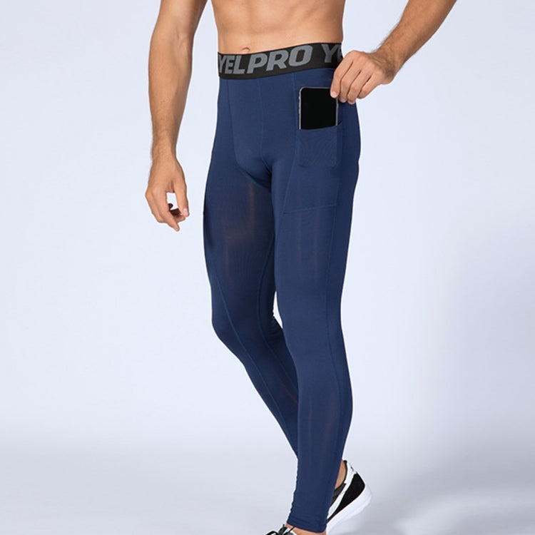 Navy blue running tights with side phone pocket, stretchy compression fit