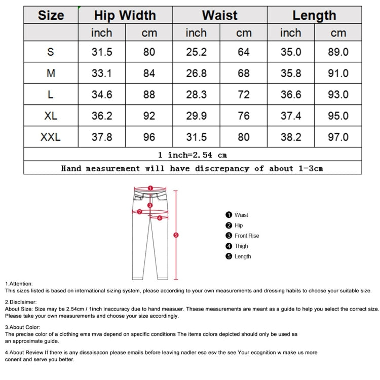 Tights size chart with hip width, waist, and length measurements