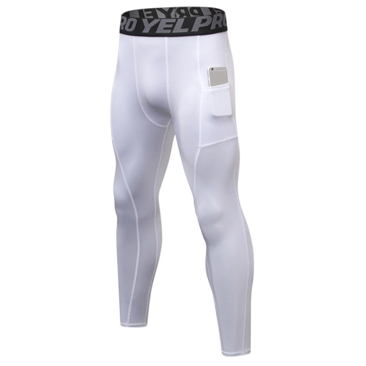 White compression running tights with side pocket and stretch waistband.