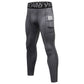 Dark gray compression running tights with side pocket and stretch waistband.